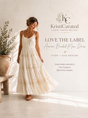 🤍🌿 Love the Label Aurora Beaded Cotton Maxi Dress Ivory Boho M